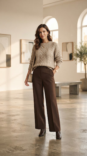 Chunky oat knit sweater with wide-leg espresso trousers