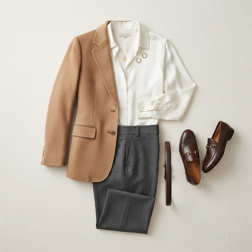 White silk blouse, camel blazer, charcoal trousers and leather loafers