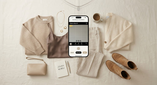 Phone photographing neatly arranged neutral-toned clothing